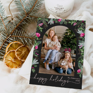 Tarjeta Festiva Felices Fiestas Arco de Foto Verde Rosa Gris Oscur