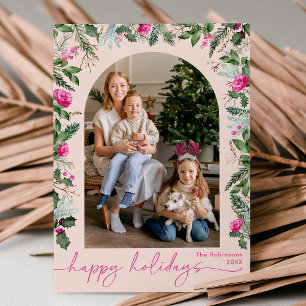 Tarjeta Festiva Felices Fiestas Arco de Verde Pink Blush 1 Foto