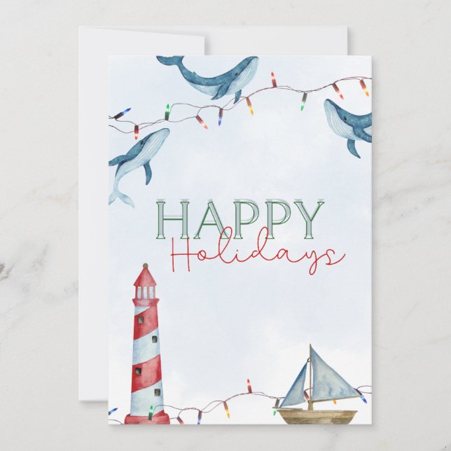 Tarjeta Festiva Felices fiestas: ballena náutica y faro (Anverso)