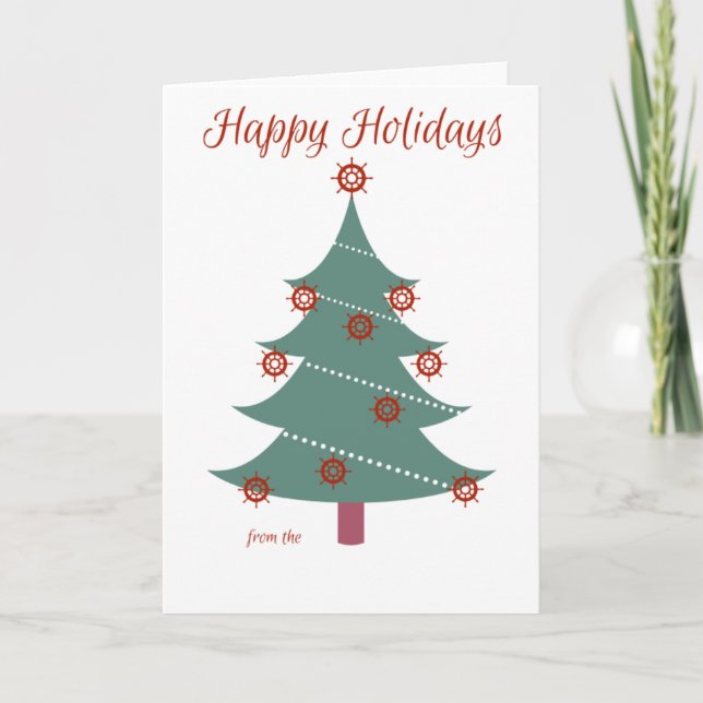 Tarjeta Festiva Felices fiestas: ballena náutica y faro (Anverso)