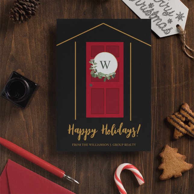Tarjeta Festiva Felices Fiestas Bienes Raíces de la Puerta del Mon (Modern Red door monogram real estate agent Happy Holidays business greeting xmas card.)