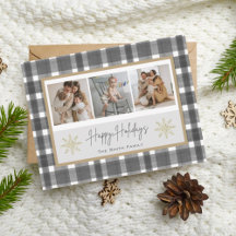 Felices fiestas Black Plaid & Gold Snowflake Photo
