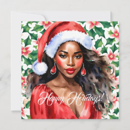 Tarjeta Festiva Felices fiestas Black Woman Santa Hat