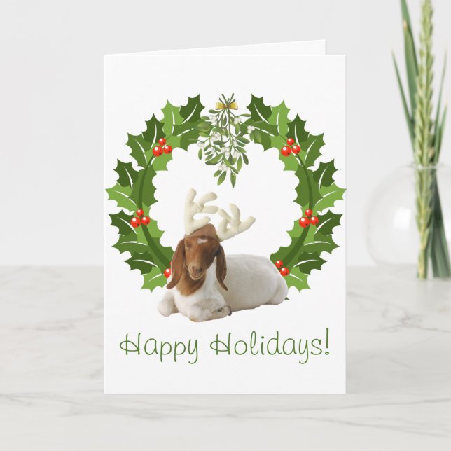 Tarjeta Festiva Felices fiestas Boer de cabra en guirnalda (Anverso)