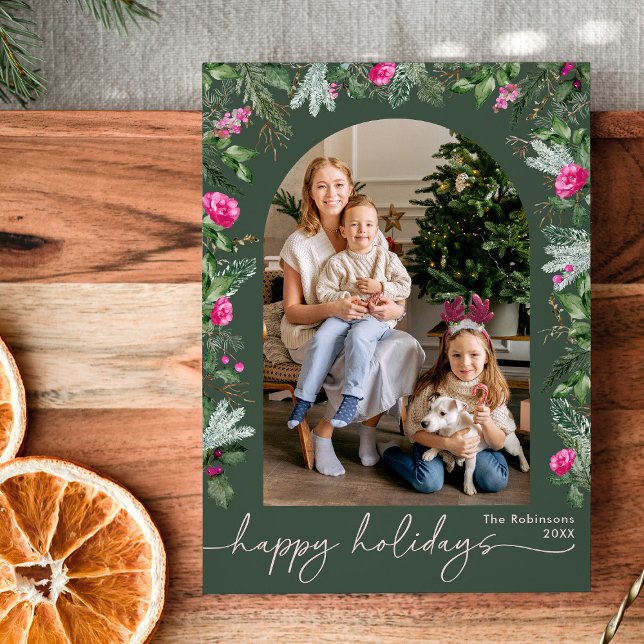 Tarjeta Festiva Felices Fiestas Bosque Verde Arco Botánico Rosa (Subido por el creador)