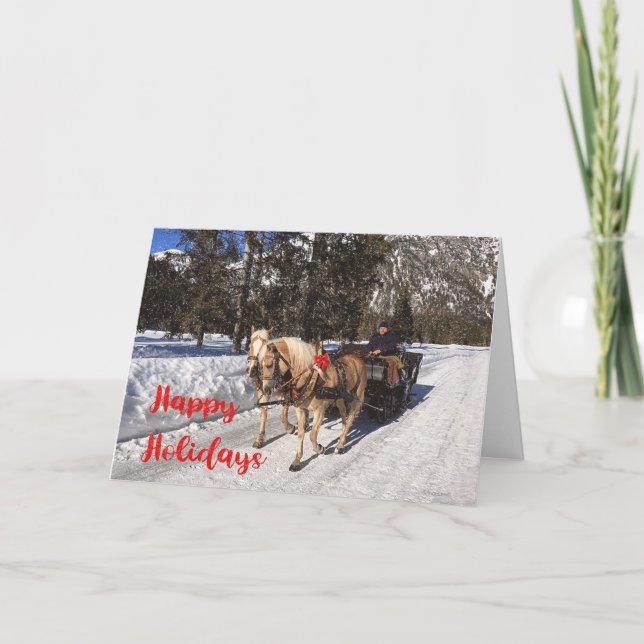 Tarjeta Festiva Felices Fiestas Caballos Sled Snowowed Photo Card (Anverso)