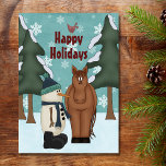 Tarjeta Festiva Felices fiestas, caballos y Navidades de nieve<br><div class="desc">Cute Happy Holidays Brown Horse and Snowman Navidad Tarjeta de felicitación. Saludo interno ~ Deseándote una temporada de vacaciones llena de paz,  amor y alegría ^</div>