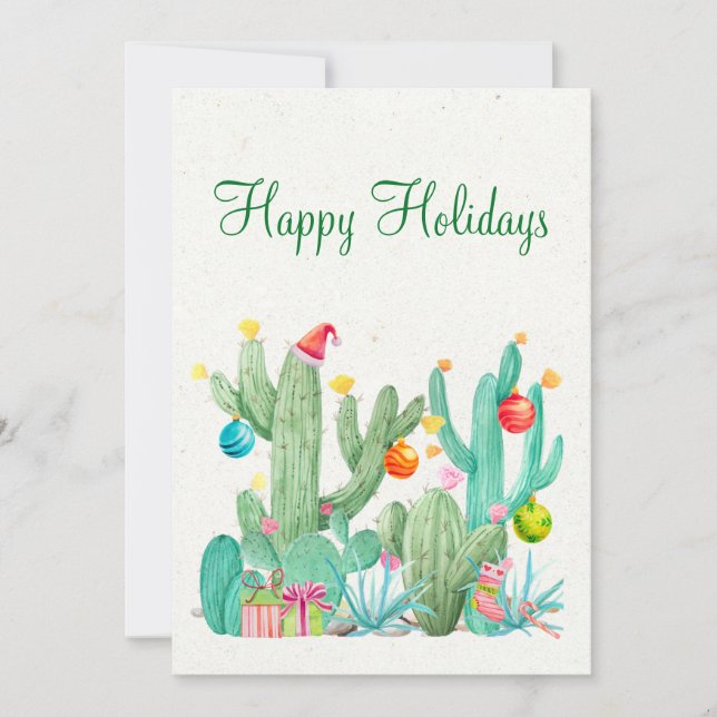 Tarjeta Festiva Felices Fiestas Cactus Acuarela Desierto Suroeste (Anverso)