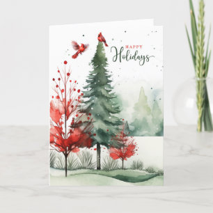 Tarjeta Festiva Felices Fiestas Cardenales Rojos Navidades de Wood