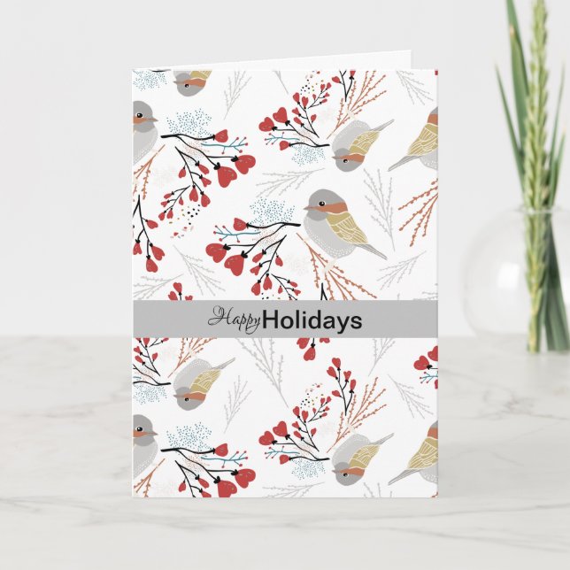 Tarjeta Festiva Felices Fiestas Chickadee Floral Gris Corazón Rojo (Anverso)