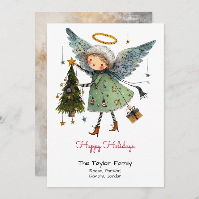 Tarjeta Festiva Felices Fiestas con Ángel Caprichoso y Árbol (Anverso / Reverso)