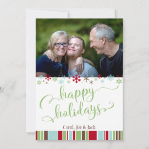 Tarjeta Festiva Felices Fiestas con Copos de Nieve, Rayas y Foto
