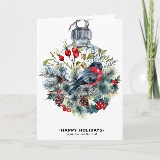 Tarjeta Festiva Felices Fiestas Con Ornamento De Pájaro (Anverso)