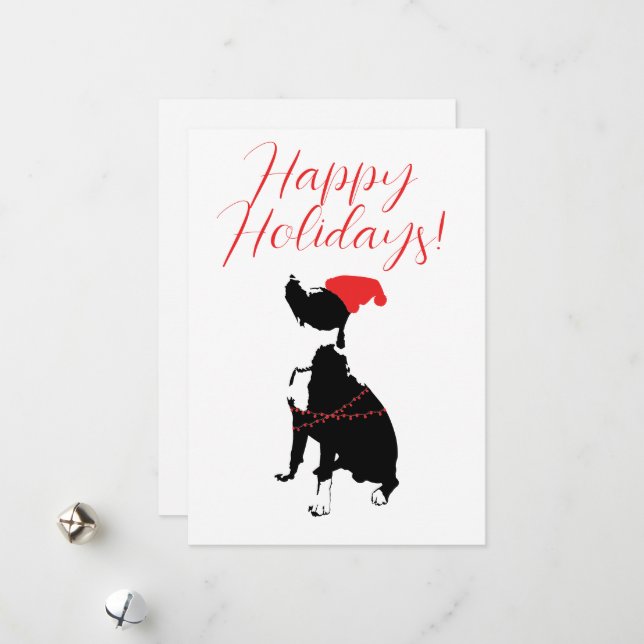 Tarjeta Festiva Felices Fiestas con Pitbull, sombrero de Santa y l (Anverso/Reverso In Situ)