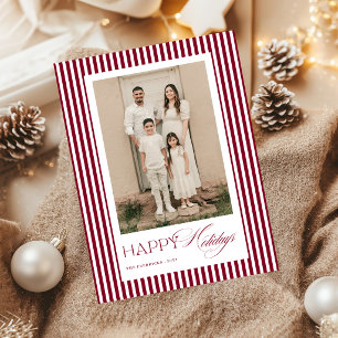 Tarjeta Festiva Felices Fiestas con rayas Borgoña y letra script c