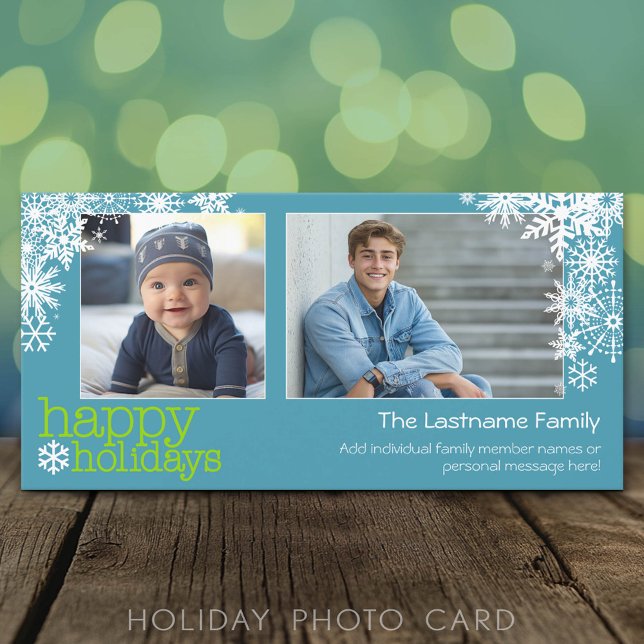 Tarjeta Festiva Felices fiestas Copos de nieve - 2 fotos - horizon (Classic Holiday Photo Card)