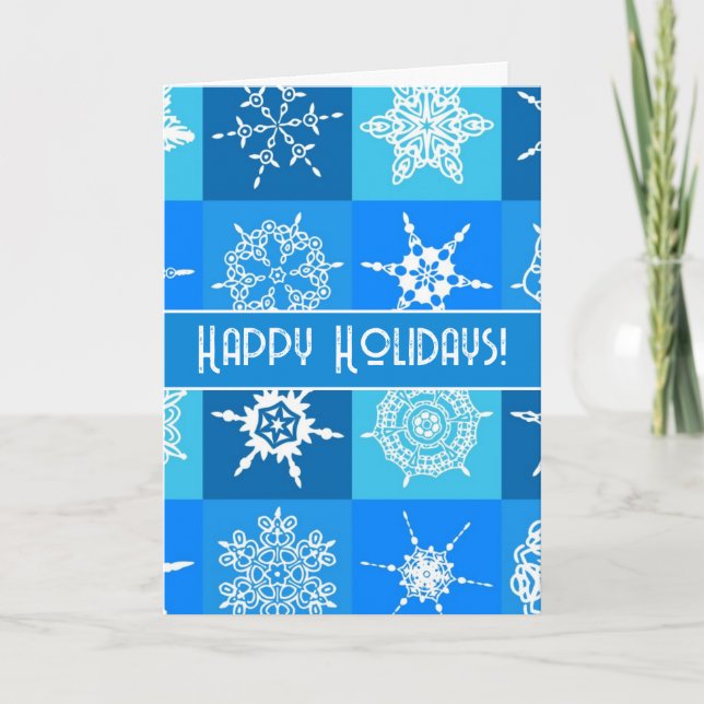 Tarjeta Festiva Felices Fiestas Copos de Nieve Blancos en Azul Bon (Anverso)