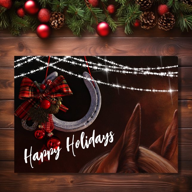 Tarjeta Festiva Felices fiestas de caballos y Navidades de herradu (Front - Happy Holidays Horse and Horseshoe Christmas Holiday Card)