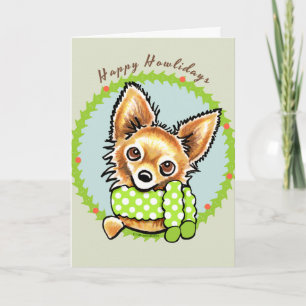 Tarjeta Festiva Felices Fiestas de Chihuahua de Pelo Largo