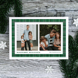 Tarjeta Festiva Felices Fiestas de Cuadros Verdes Doble Foto