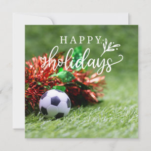 Tarjeta Festiva Felices Fiestas de Fútbol con pelota en hierba ver