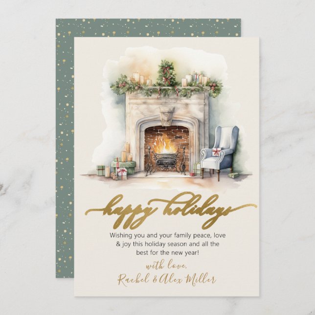 Tarjeta Festiva Felices Fiestas de Guión de Oro Chimenea No Foto (Anverso / Reverso)