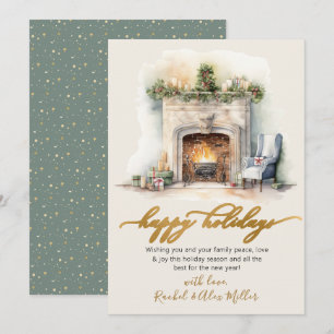 Tarjeta Festiva Felices Fiestas de Guión de Oro Chimenea No Foto