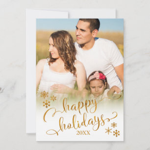 Tarjeta Festiva Felices Fiestas de Oro con Foto y Copos de Nieve