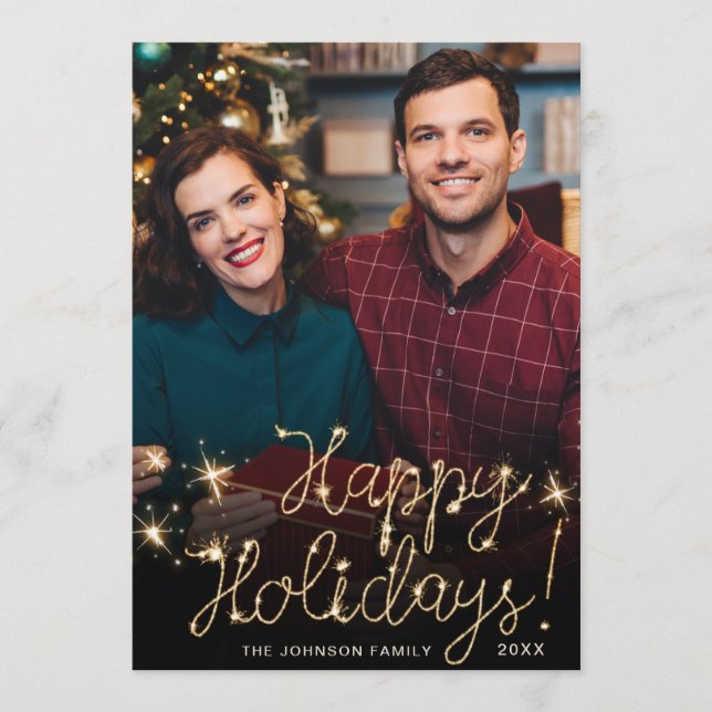 Tarjeta Festiva Felices Fiestas de Oro Sparkle Script Fofo Saludo (Anverso)