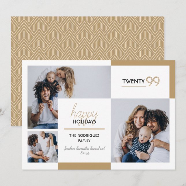 Tarjeta Festiva Felices Fiestas de Tres Fotos en Oro (Anverso / Reverso)