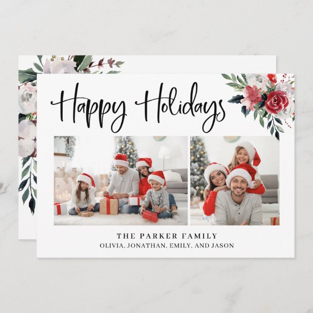 Tarjeta Festiva Felices fiestas | Dos fotos y acuarela floral (Anverso / Reverso)