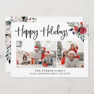 Tarjeta Festiva Felices Fiestas   Dos fotos y acuarela floral