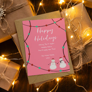 Tarjeta Festiva Felices Fiestas – Duo de Muñecos de Nieve y Luces