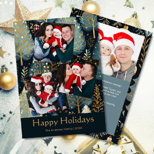 Tarjeta Festiva Felices Fiestas Elegante 4 Fotos Dorado Verde