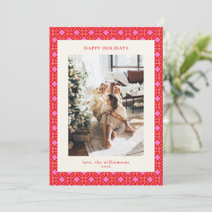 Tarjeta Festiva Felices Fiestas en Foto Geométrica Roja y Rosa