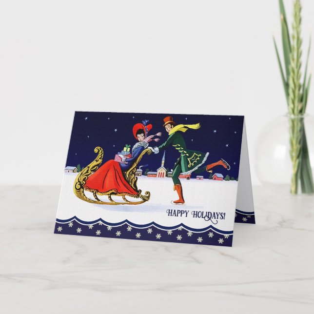 Tarjeta Festiva Felices Fiestas. Escena de invierno vintage (Anverso)
