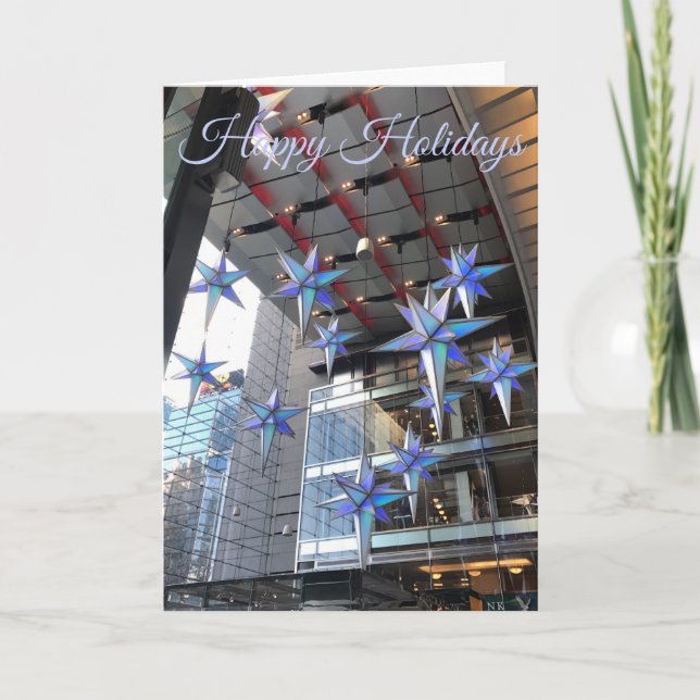 Tarjeta Festiva Felices Fiestas Estrellas Azules Columbus Circle N (Anverso)