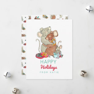 Tarjeta Festiva Felices Fiestas Familia Ratón Niños