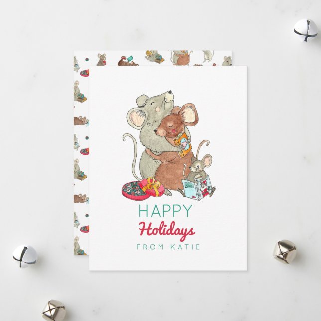Tarjeta Festiva Felices Fiestas Familia Ratón Niños (Anverso/Reverso In Situ)