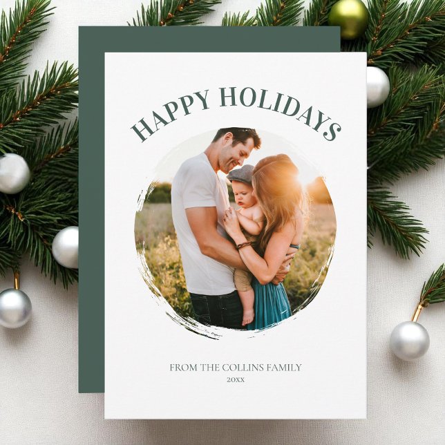 Tarjeta Festiva Felices Fiestas Familia Verde Foto Navidades moder (Happy Holidays Green Family Photo Modern Christmas Holiday Card)