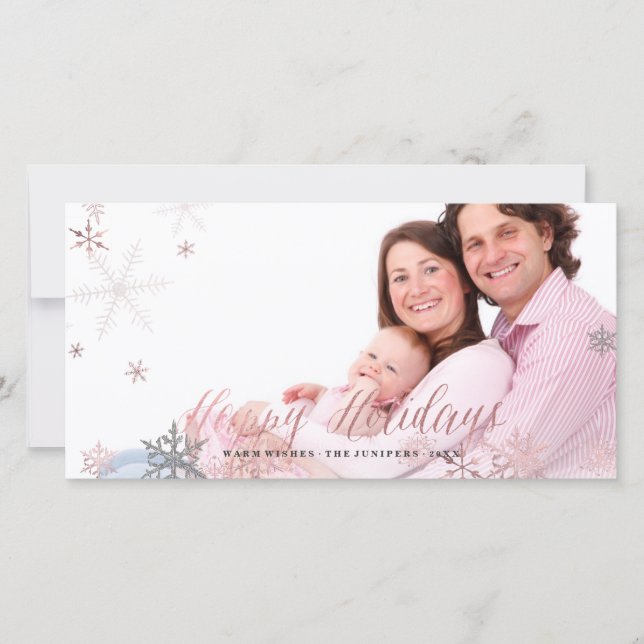 Tarjeta Festiva Felices Fiestas Faux Rosa Gold+Snowflakes (Anverso)