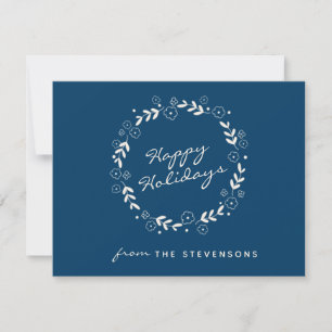 Tarjeta Festiva Felices Fiestas Florales Simple Personalizado Azul