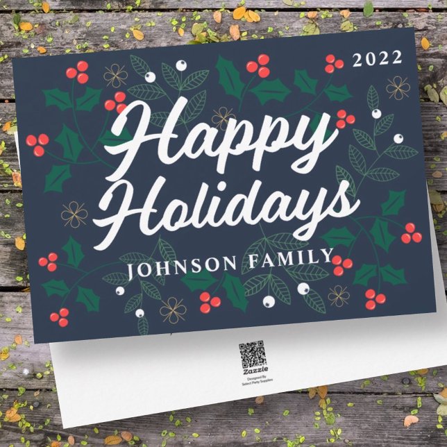Tarjeta Festiva Felices Fiestas Foliage de Holly Berries (Subido por el creador)