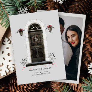 Tarjeta Festiva Felices Fiestas Foto Acuarela Puerta Principal
