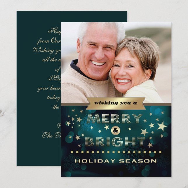 Tarjeta Festiva Felices Fiestas. Foto de Navidades de Oro Verde (Anverso / Reverso)