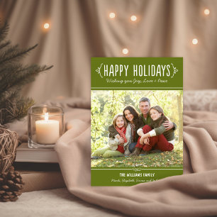 Tarjeta Festiva Felices Fiestas Foto Familia Verde Oliva