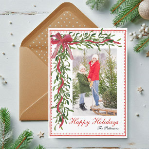 Tarjeta Festiva Felices Fiestas Foto Familiar Lazo Rojo Muérdago