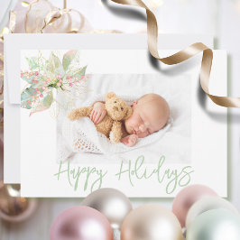 Tarjeta Festiva Felices Fiestas Foto Pastel Oro Rosa Poinsettia