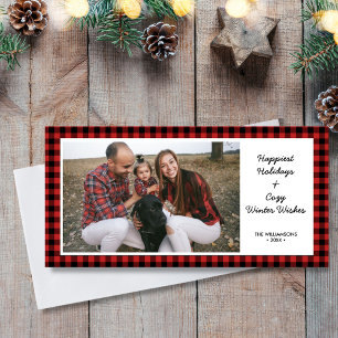 Tarjeta Festiva Felices Fiestas Foto Rustic Buffalo Check Plaid