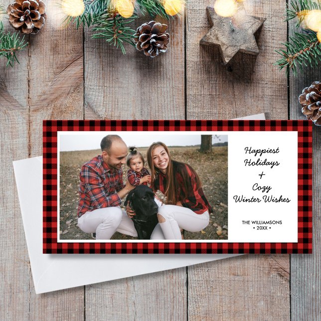 Tarjeta Festiva Felices Fiestas Foto Rustic Buffalo Check Plaid (Subido por el creador)